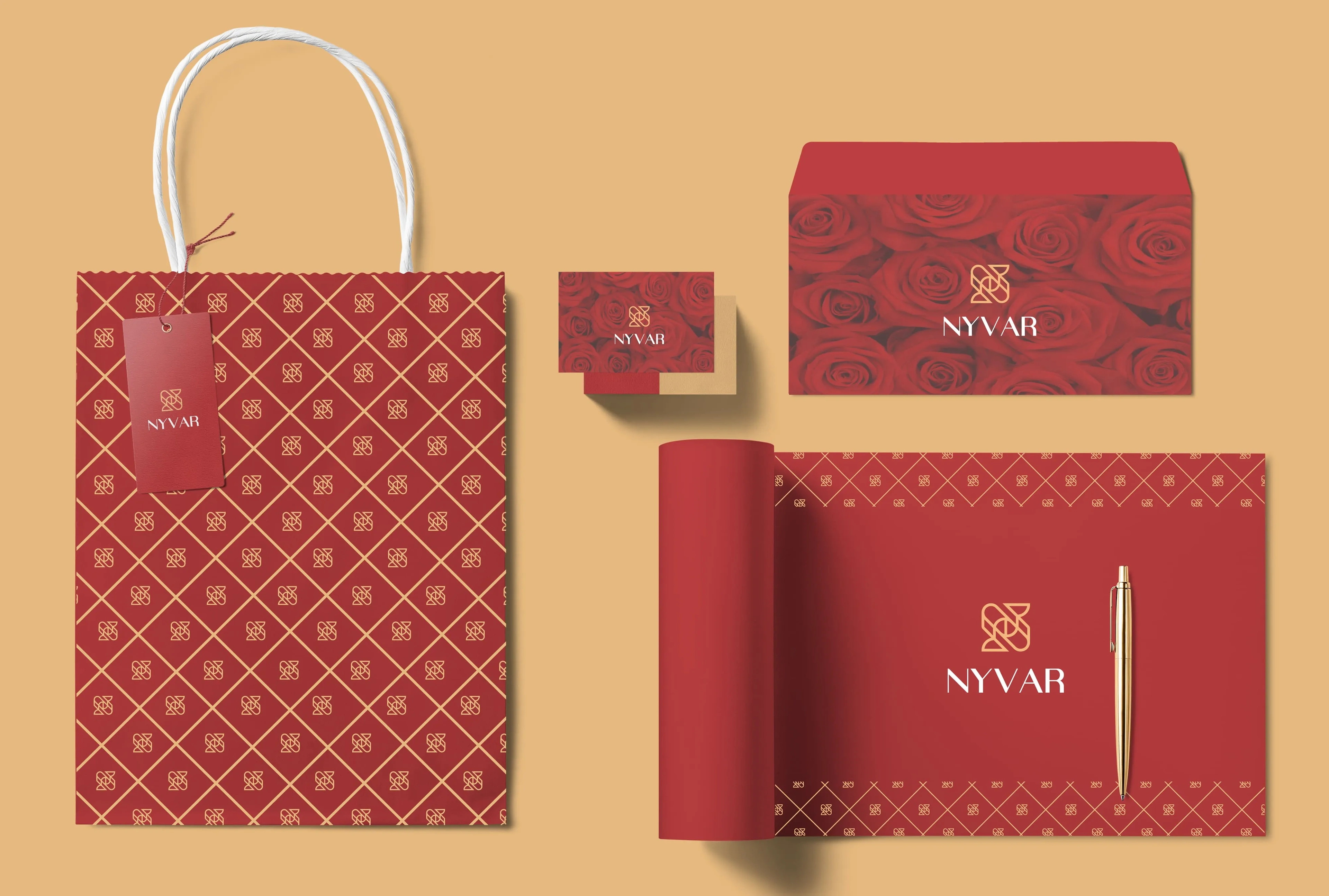 Nyvar stationery set: patterned shopping bag, tag, business card, envelope and notebook with pen