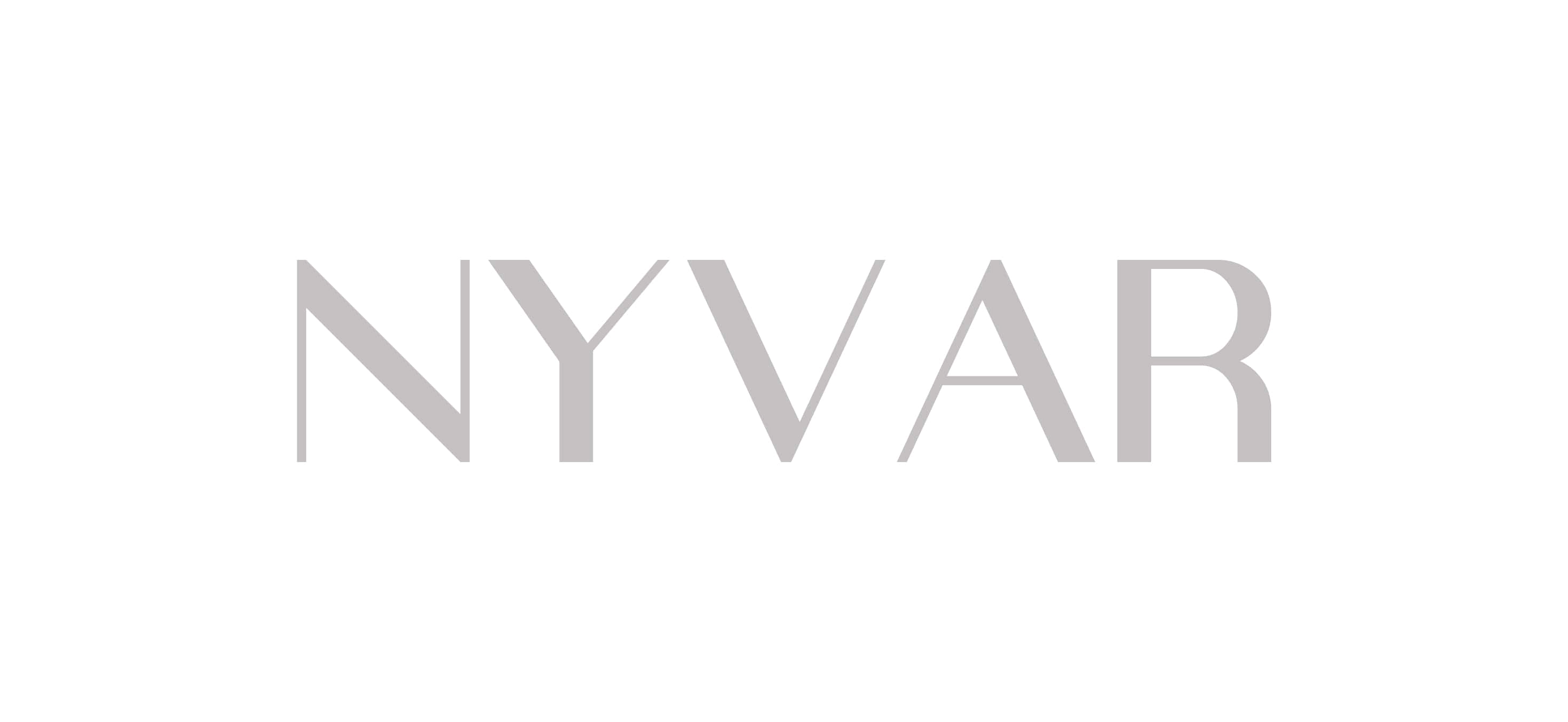 Nyvar wordmark in light grey serif capitals on white