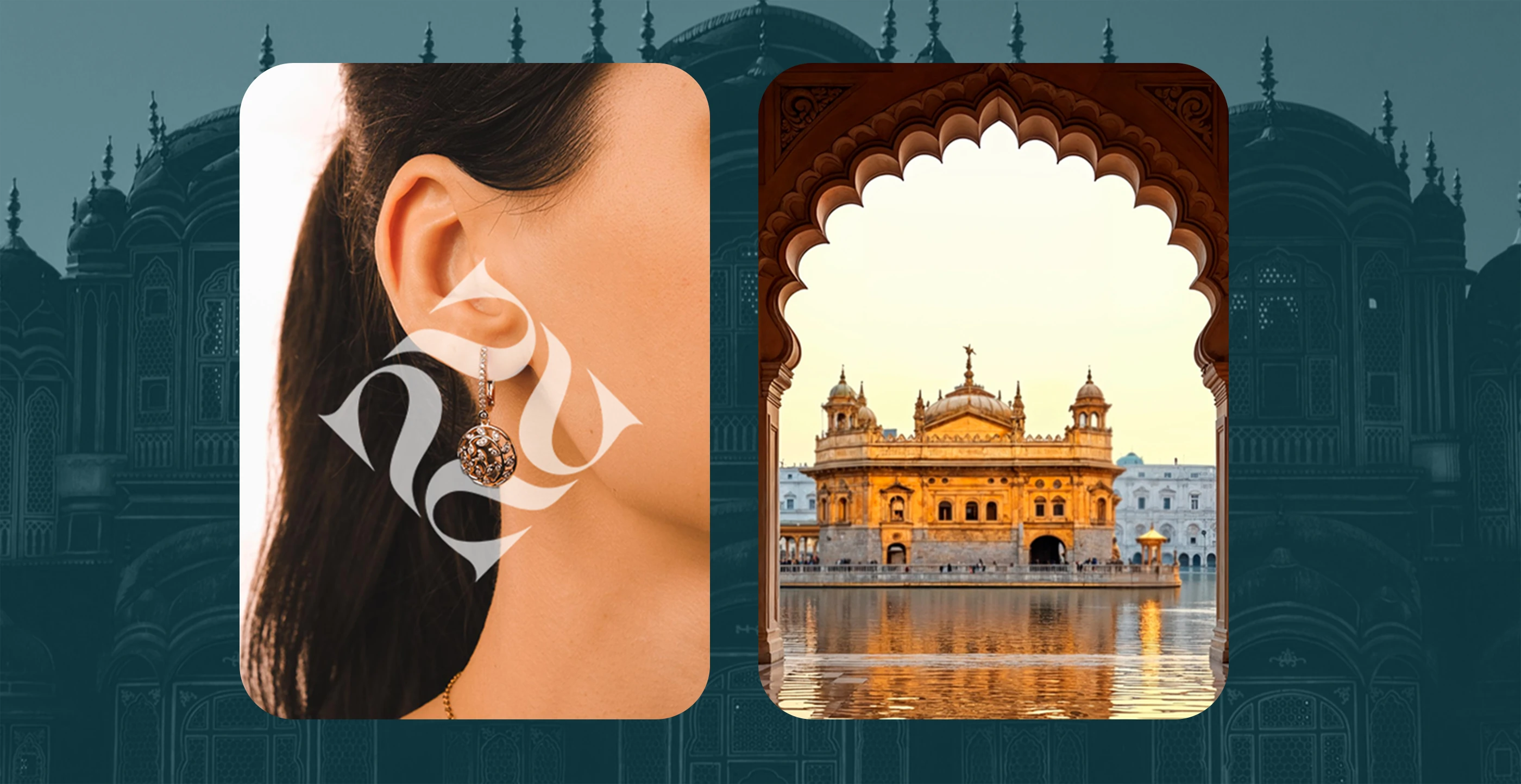 Panna brand visuals: a model’s earring beside an arched view of a golden temple