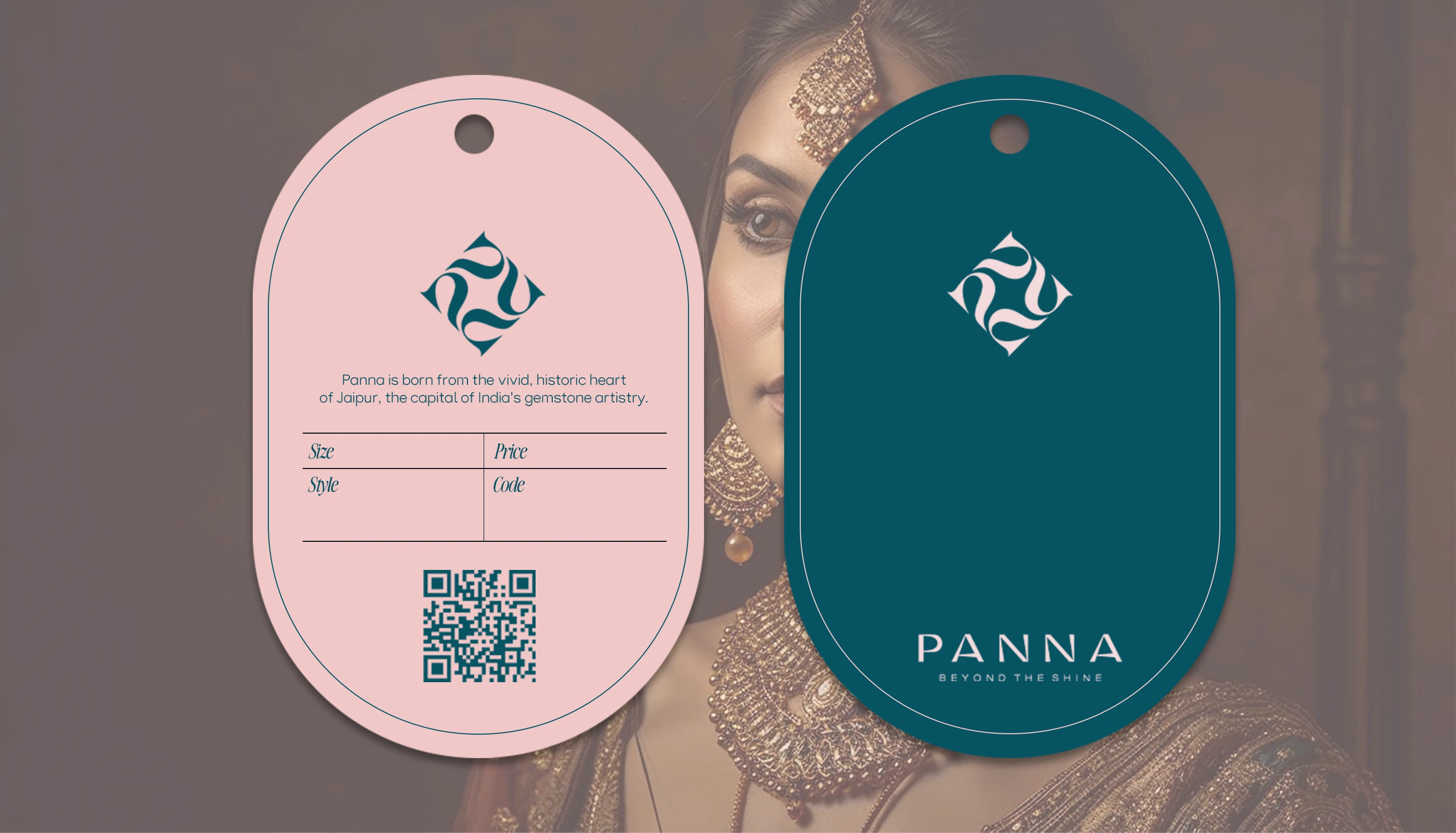 Panna oval hang tags in pink and teal with a QR code over a portrait