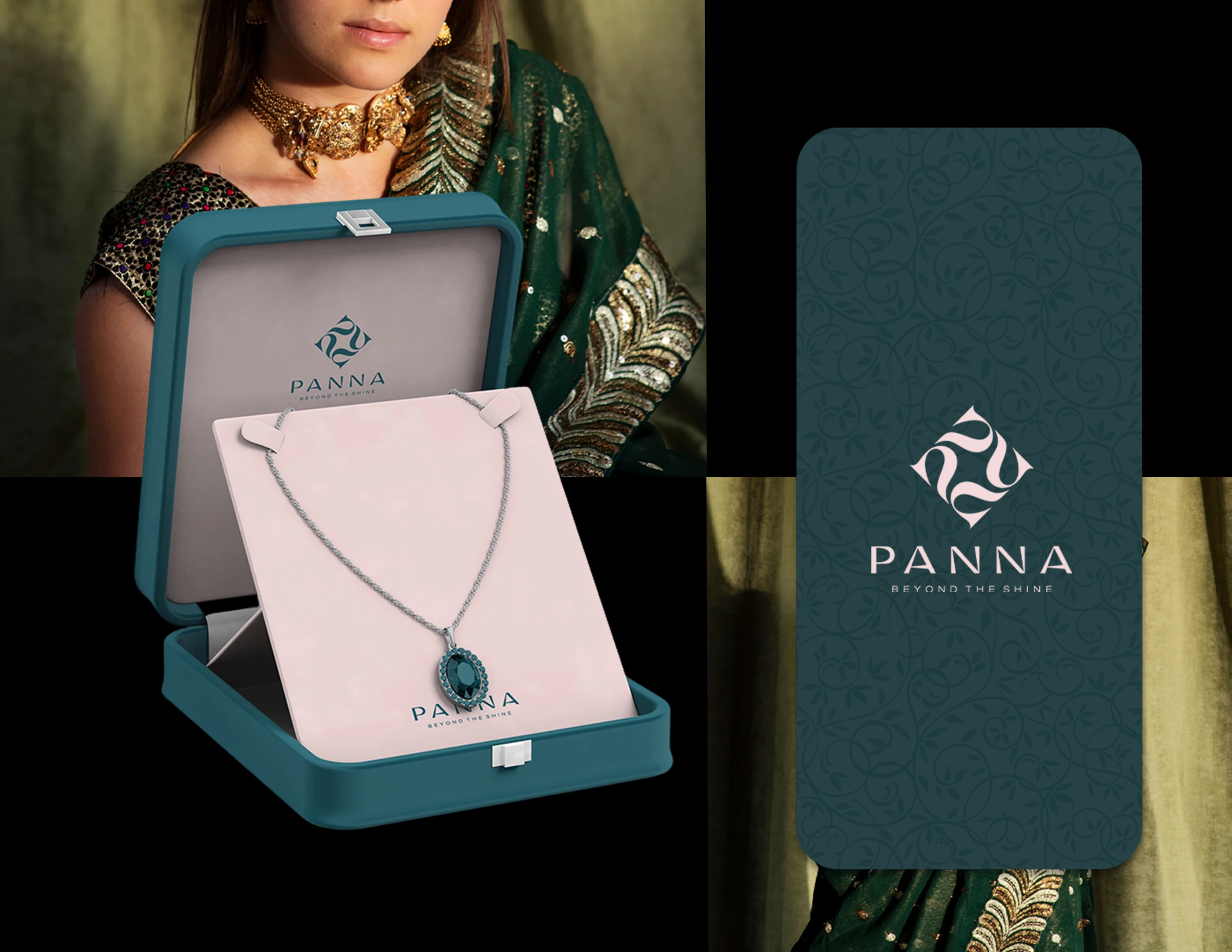 Panna jewellery box with a pendant necklace beside a teal card carrying the logo
