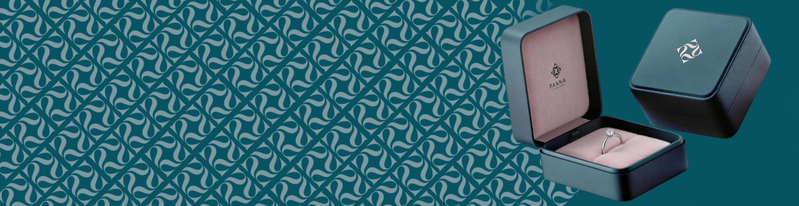 Panna teal pattern strip with an open teal jewellery box