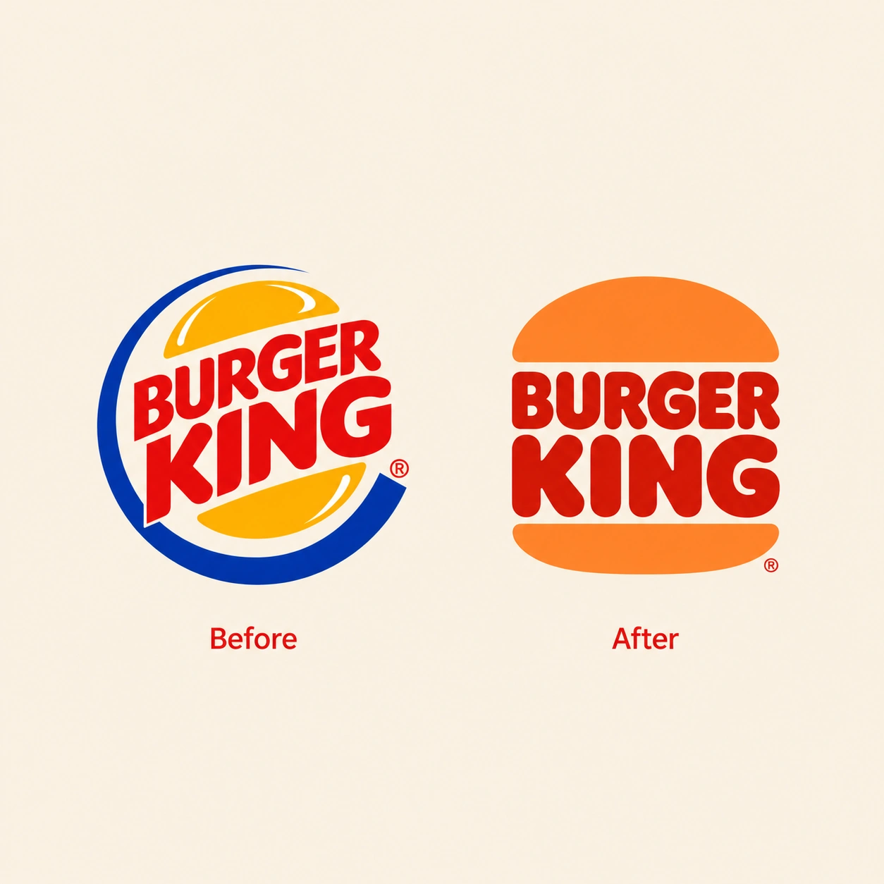 Burger King logo before and after its redesign, an older logo with a blue ring beside a simpler flat version