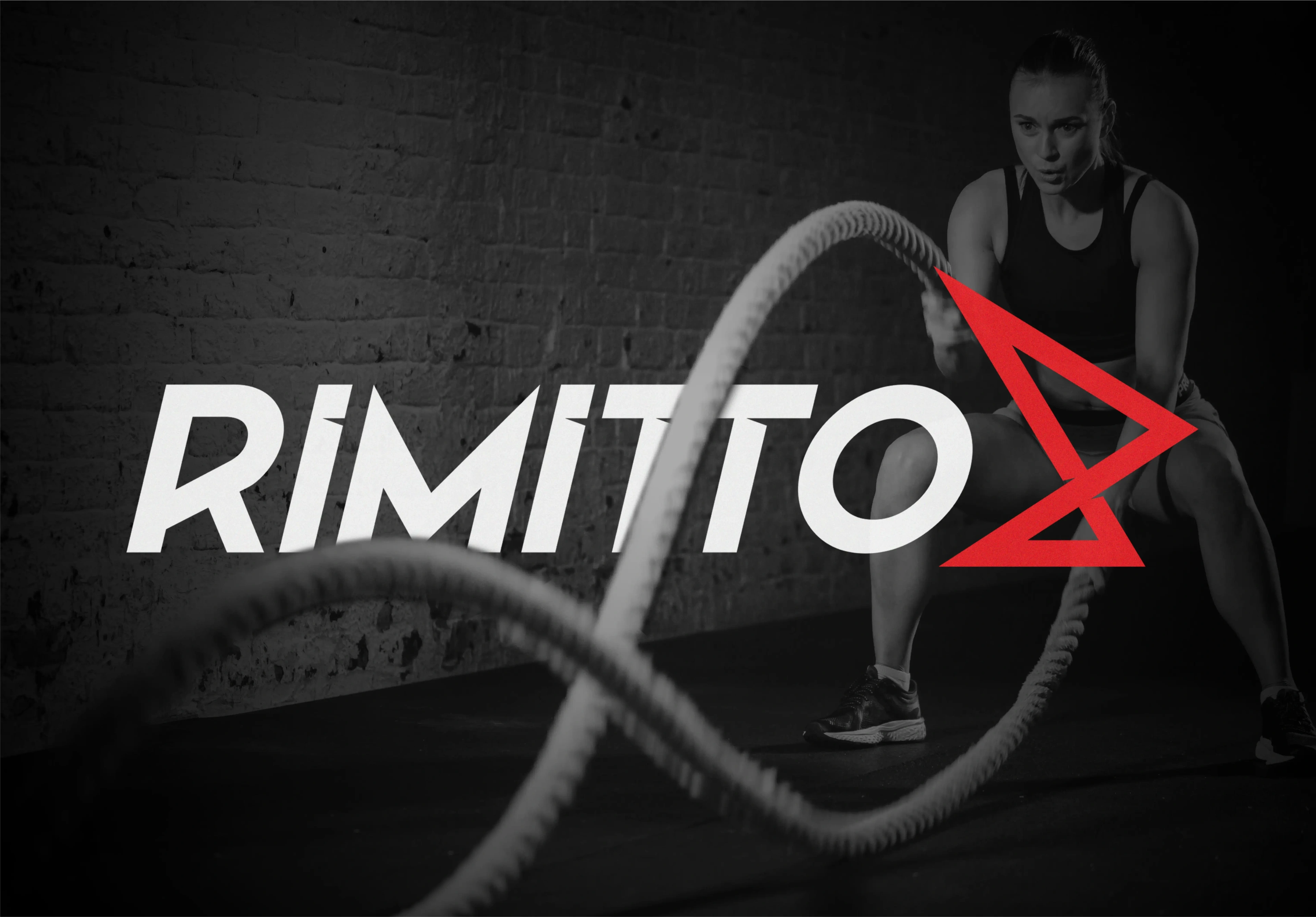 Rimitto logo over a black-and-white photo of a woman training with battle ropes