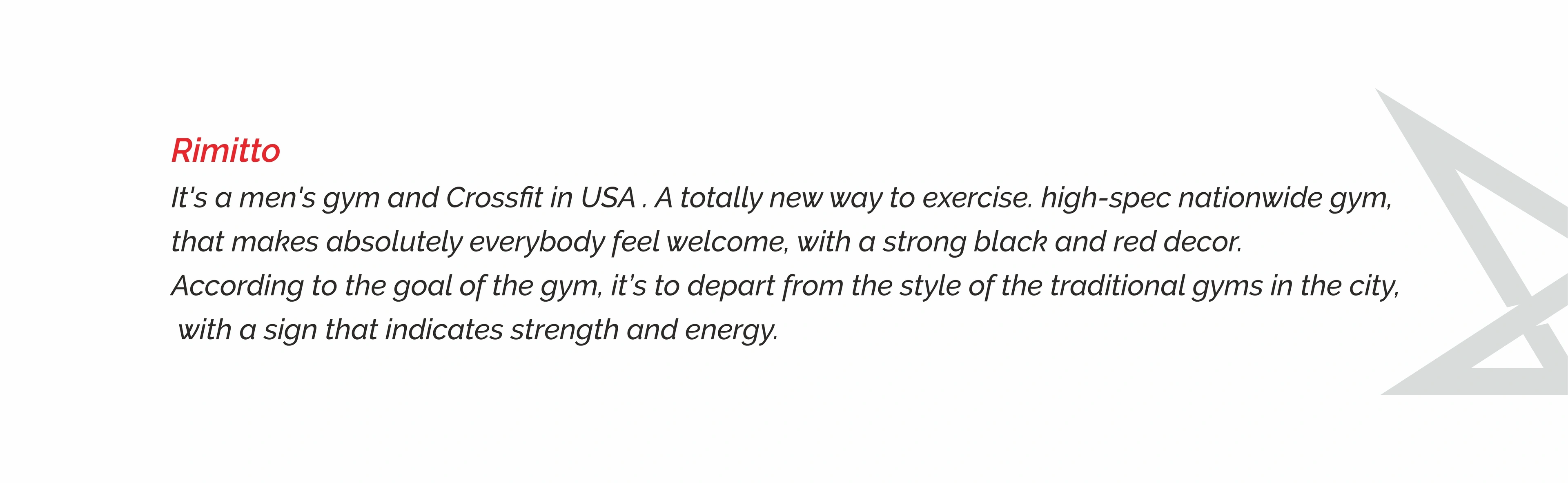 Rimitto brand story text describing a men’s gym and CrossFit brand in the USA, beside a faded logo mark