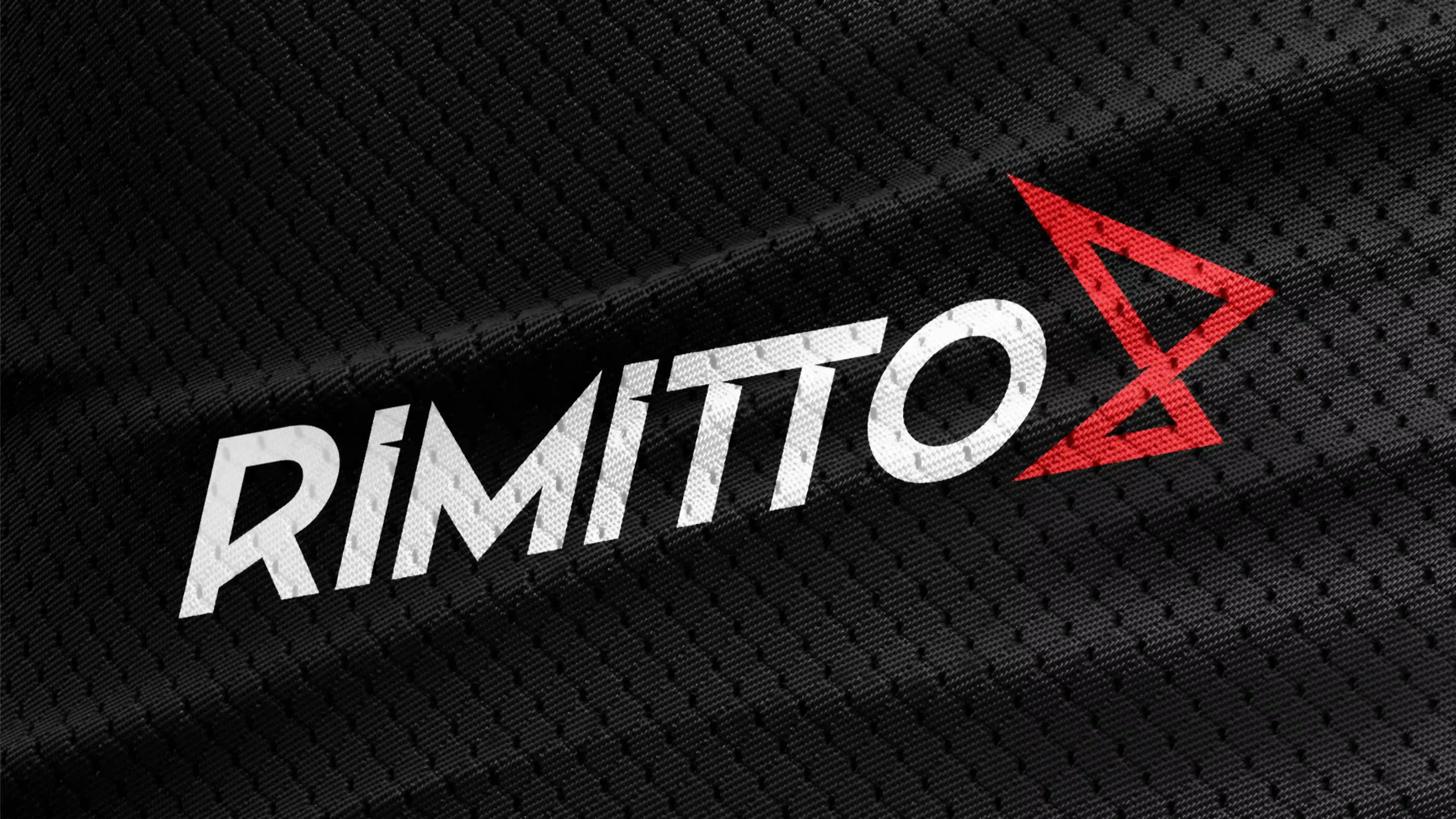 Rimitto logo printed on black mesh sportswear fabric