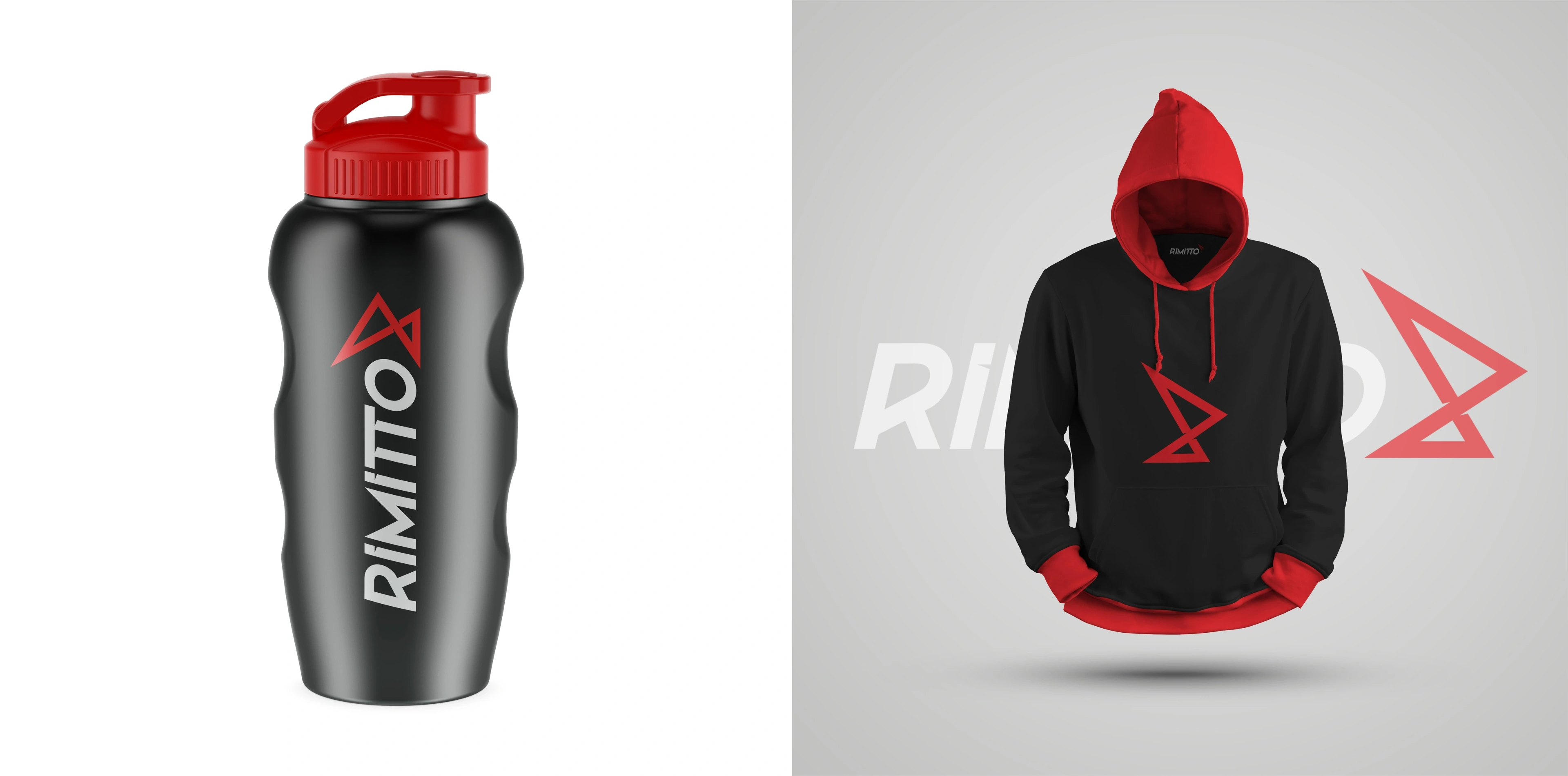Rimitto merchandise: a black water bottle and a black hoodie with red trim carrying the logo