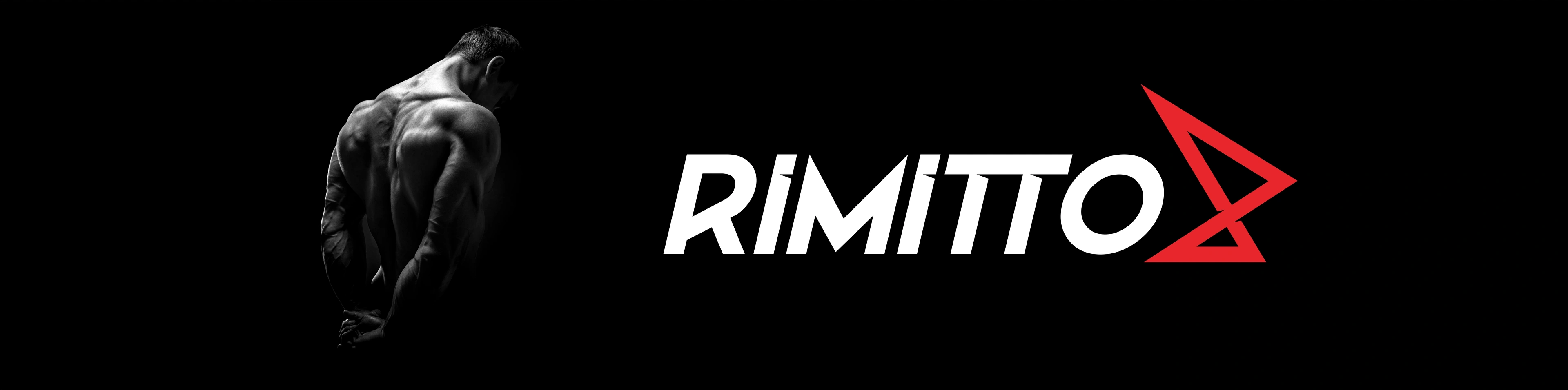 Wide Rimitto banner with the logo beside the back of a shirtless athlete
