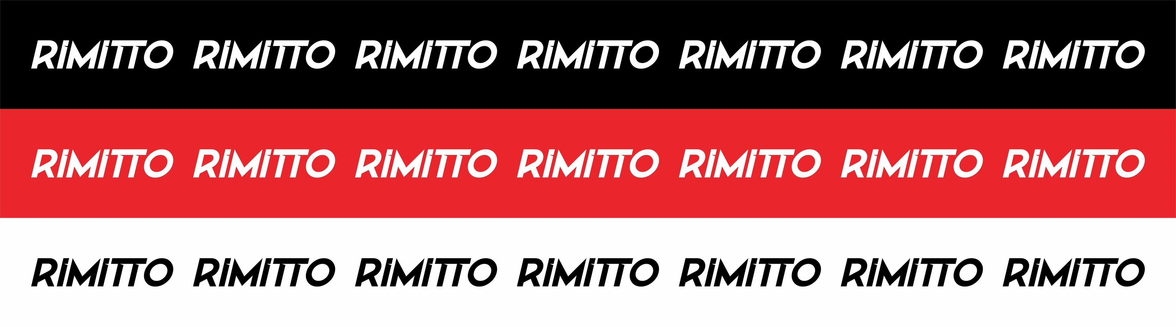 Rimitto wordmark repeated in rows of white on black, black on red and black on white