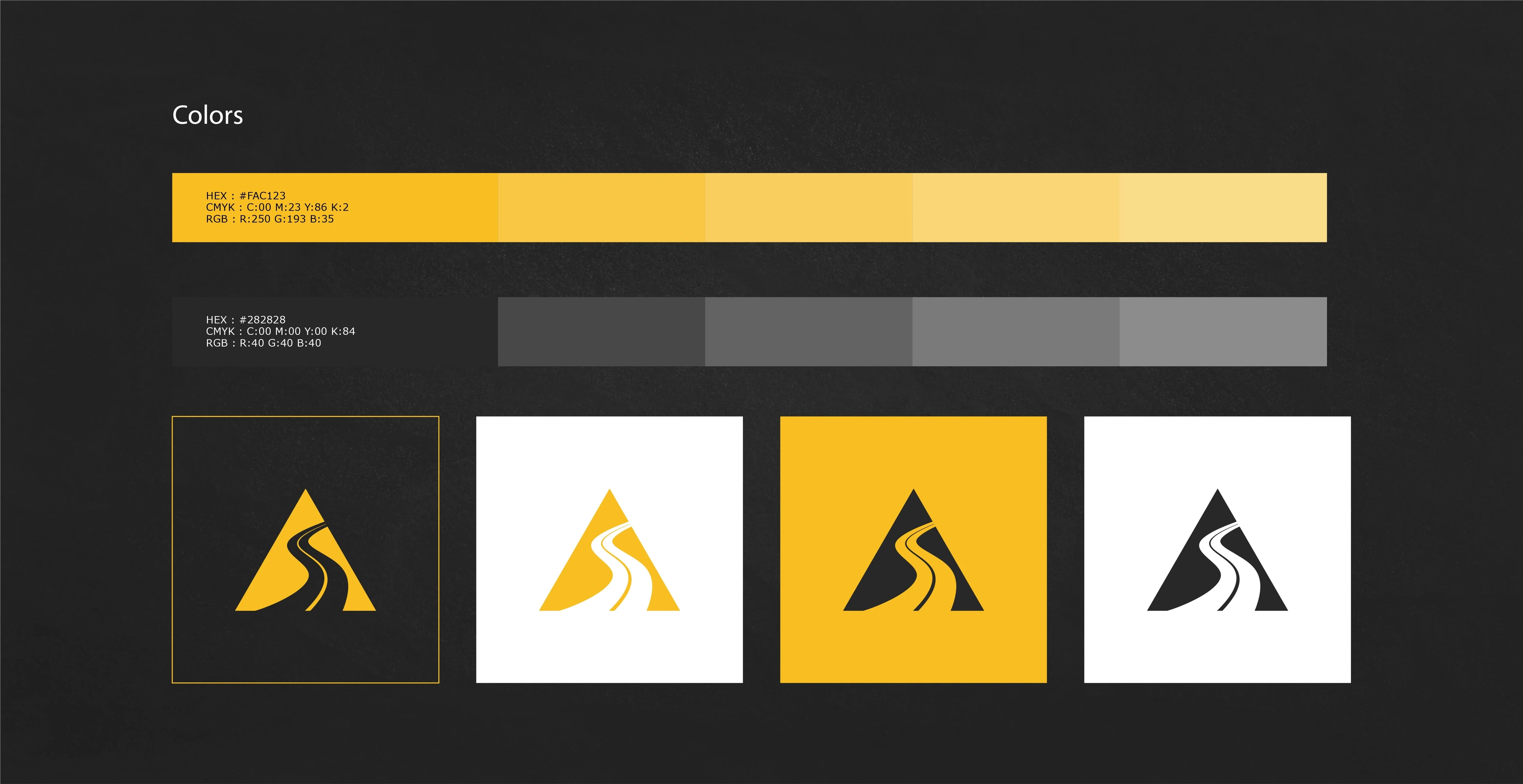 Servial yellow and grey colour palette with four versions of the logo mark