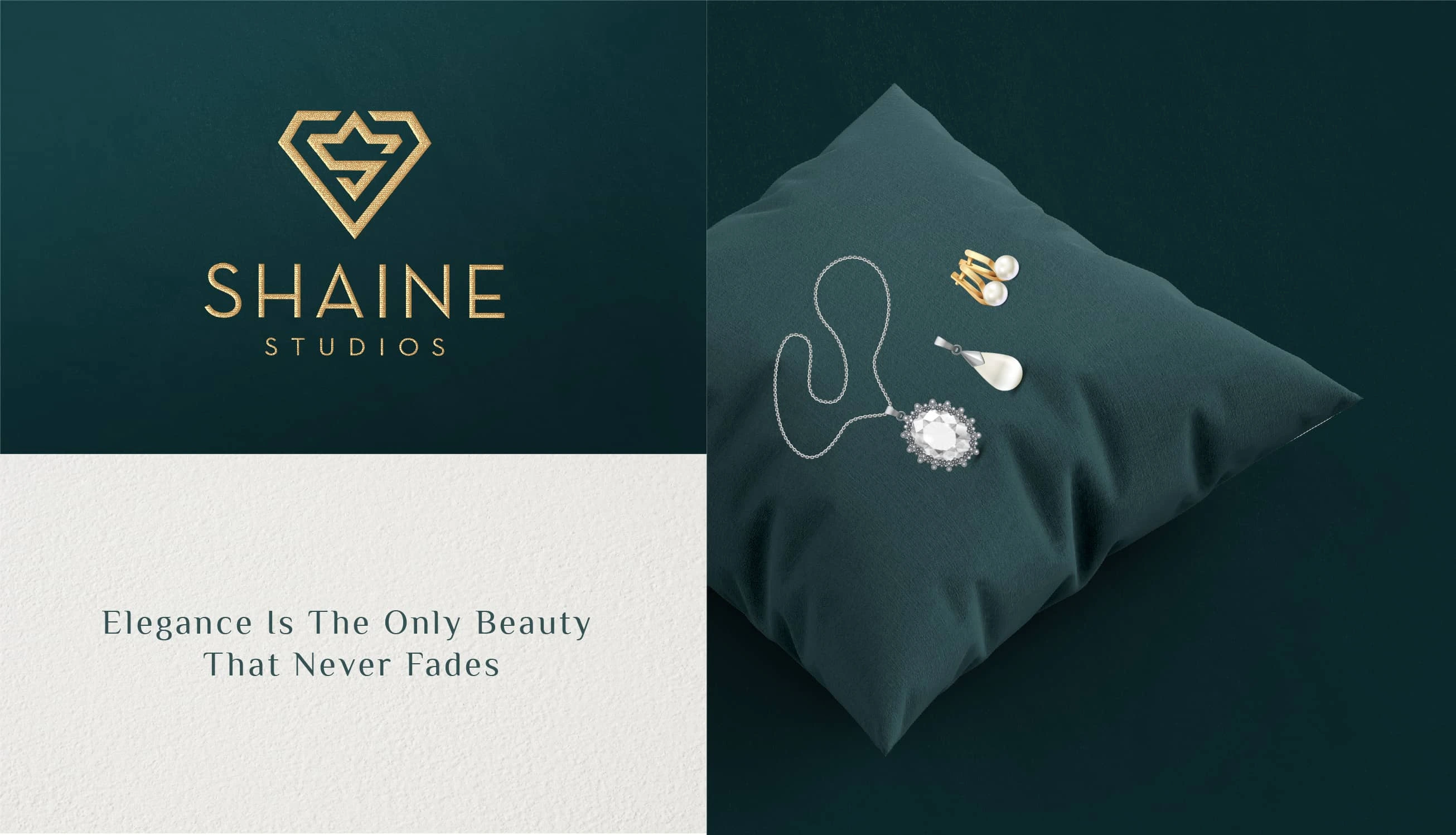 Shaine Studios logo card, the tagline “Elegance is the only beauty that never fades” and a green pillow with jewellery