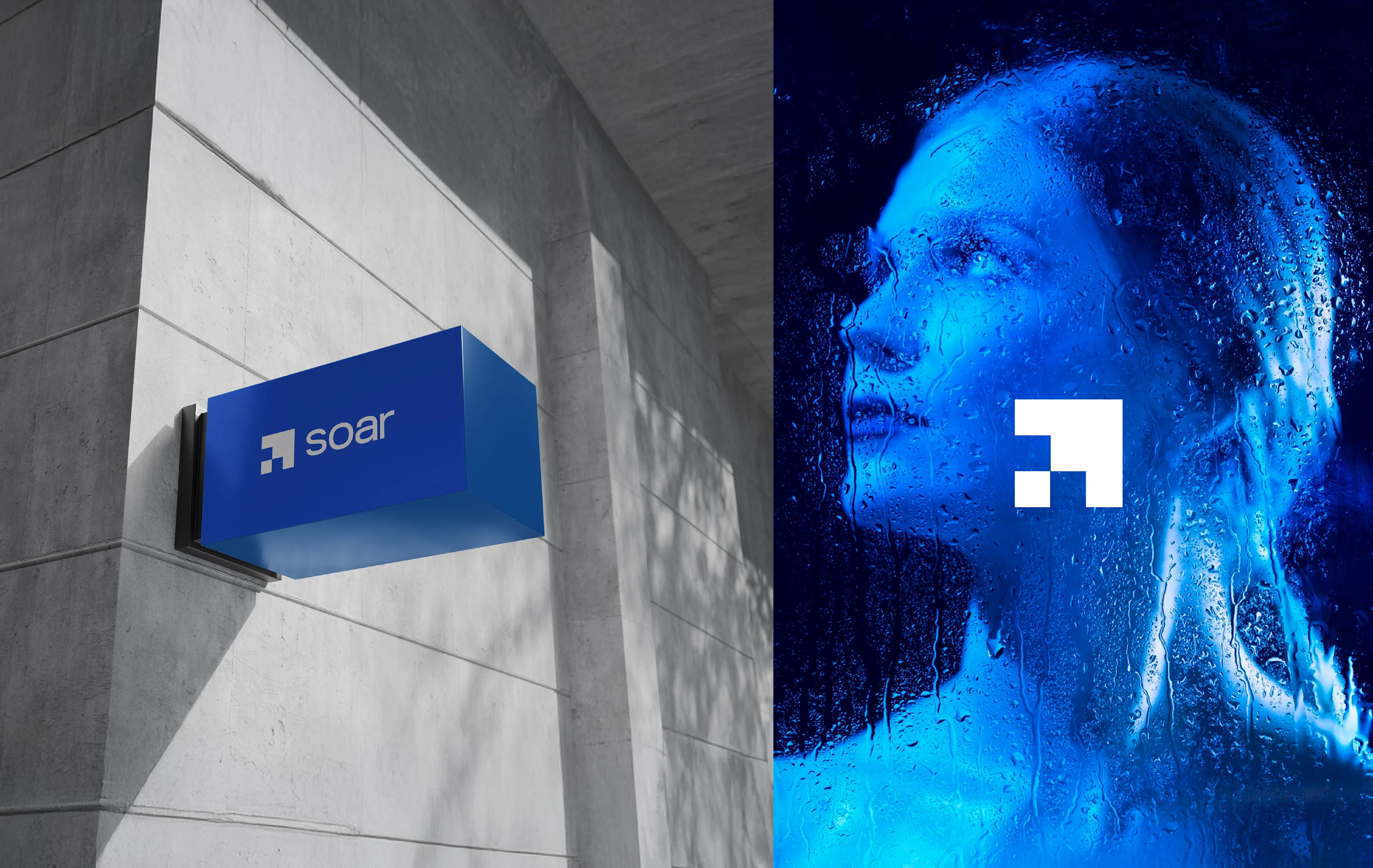 Soar illuminated sign on a concrete wall beside a blue-toned portrait with the logo