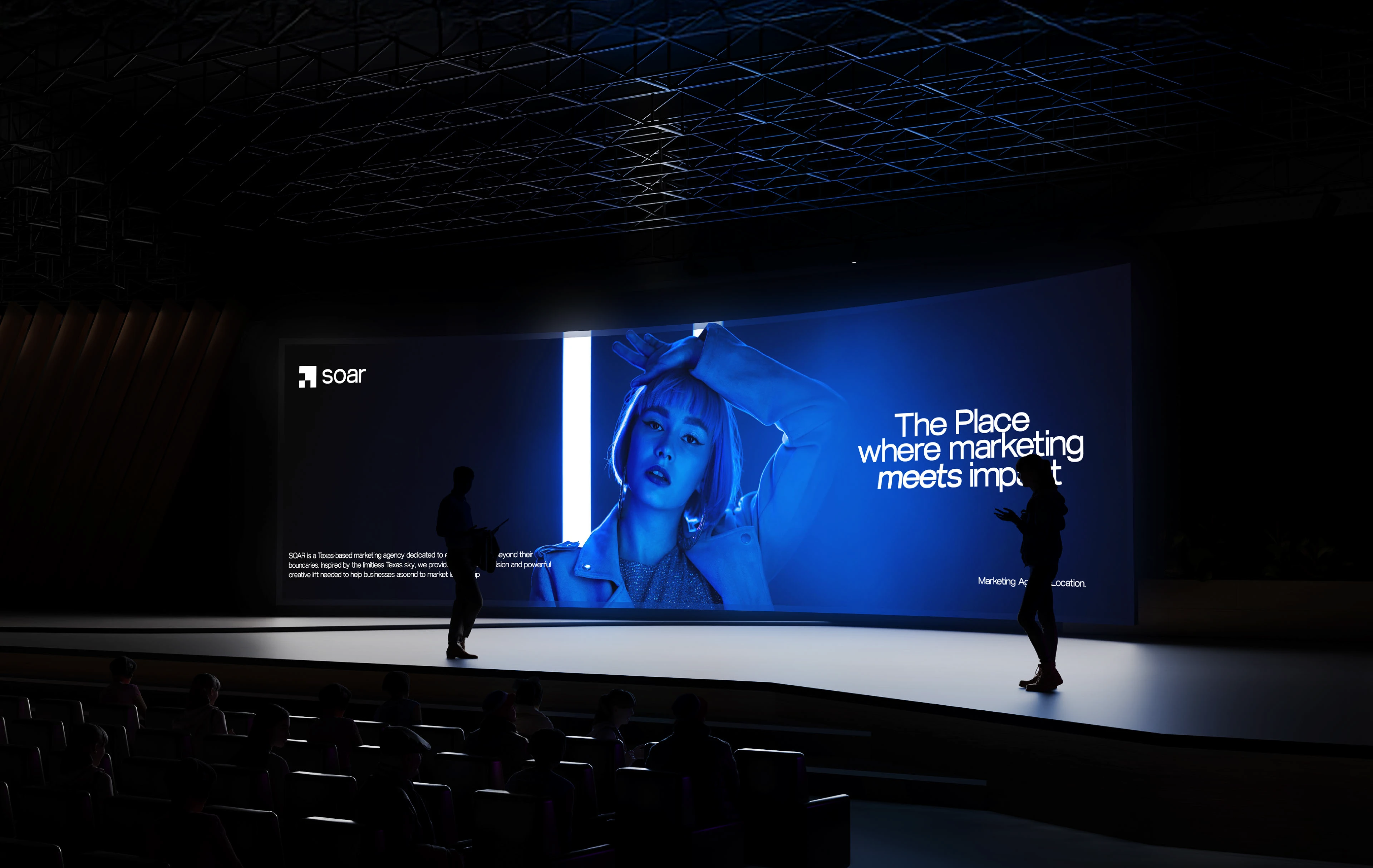Soar presentation on a large stage screen reading “The place where marketing meets impact”