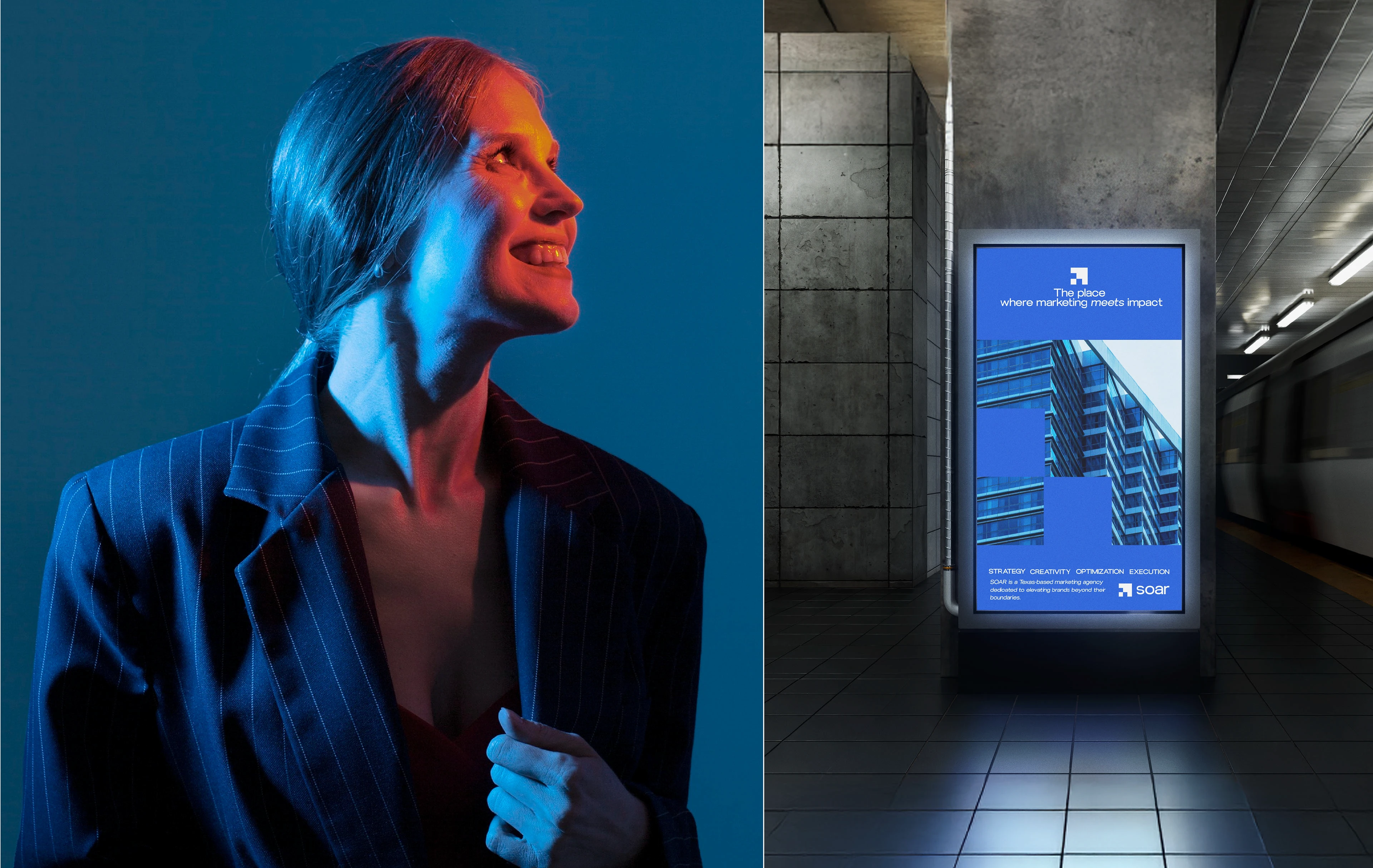 Soar lightbox poster in a transit hall beside a portrait of a woman looking up