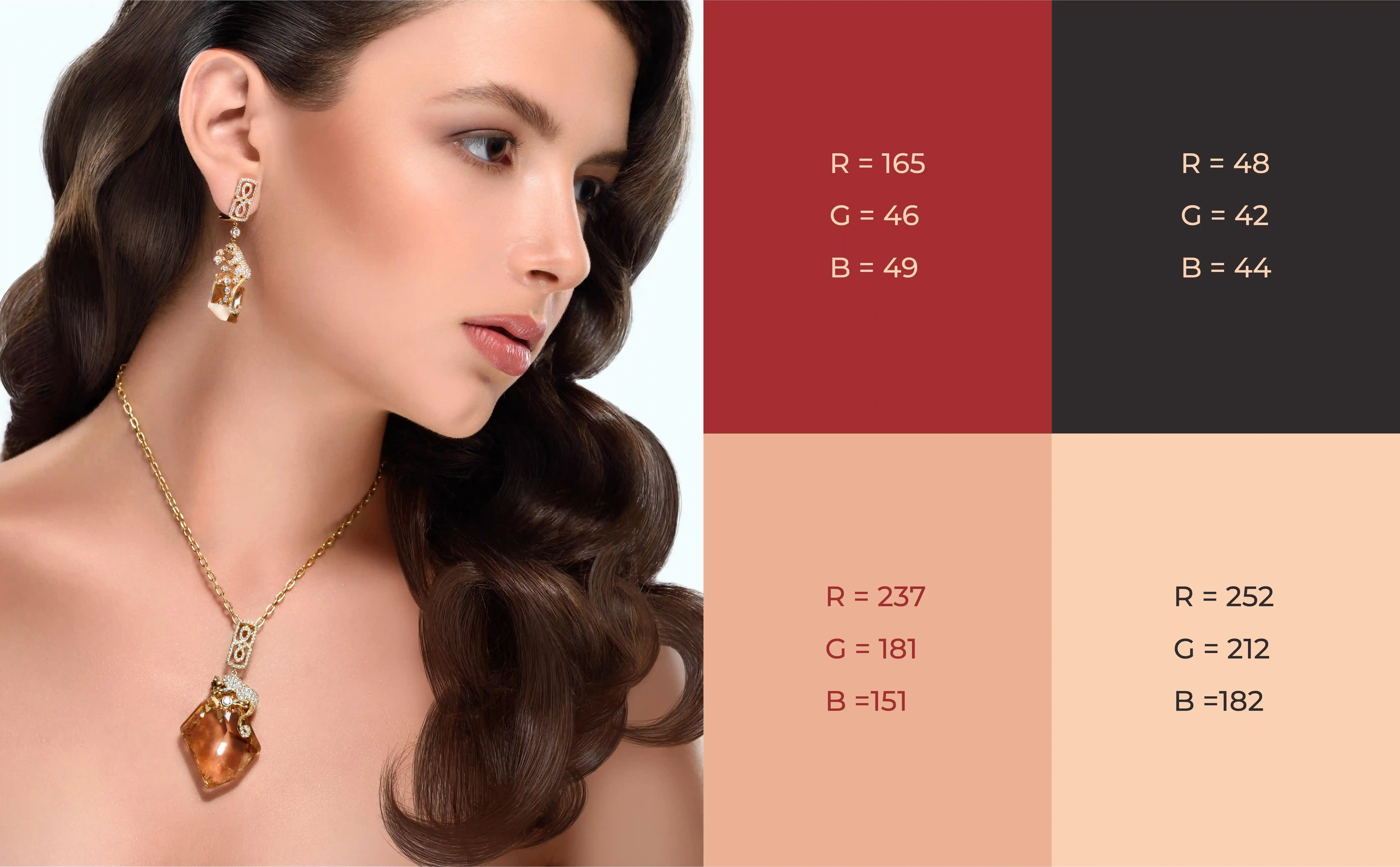 Tussie Mussie Diamond colour palette in deep red, charcoal and peach beside a model wearing earrings and a pendant