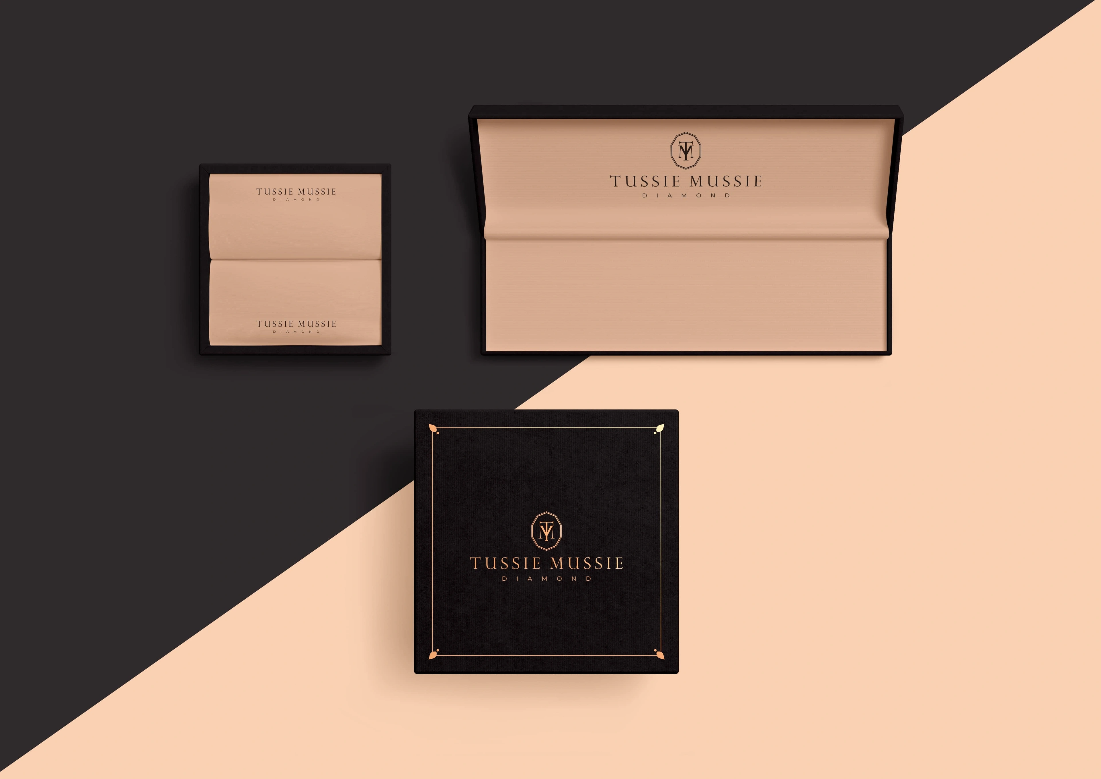 Tussie Mussie Diamond black and peach jewellery boxes on a diagonal split background