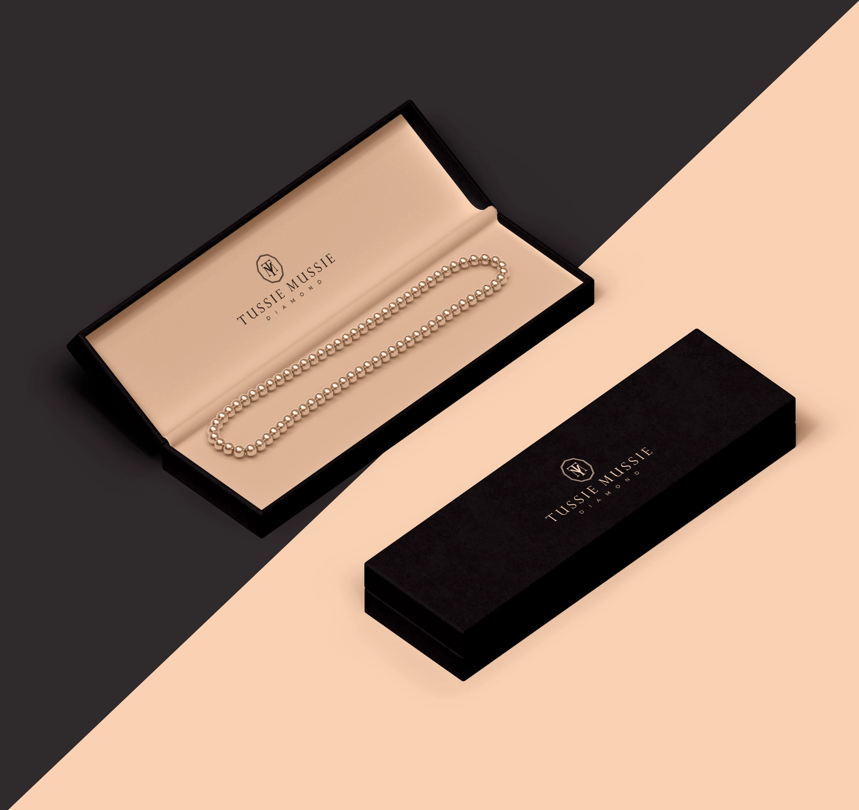 Tussie Mussie Diamond open necklace box with pearls and a closed black box