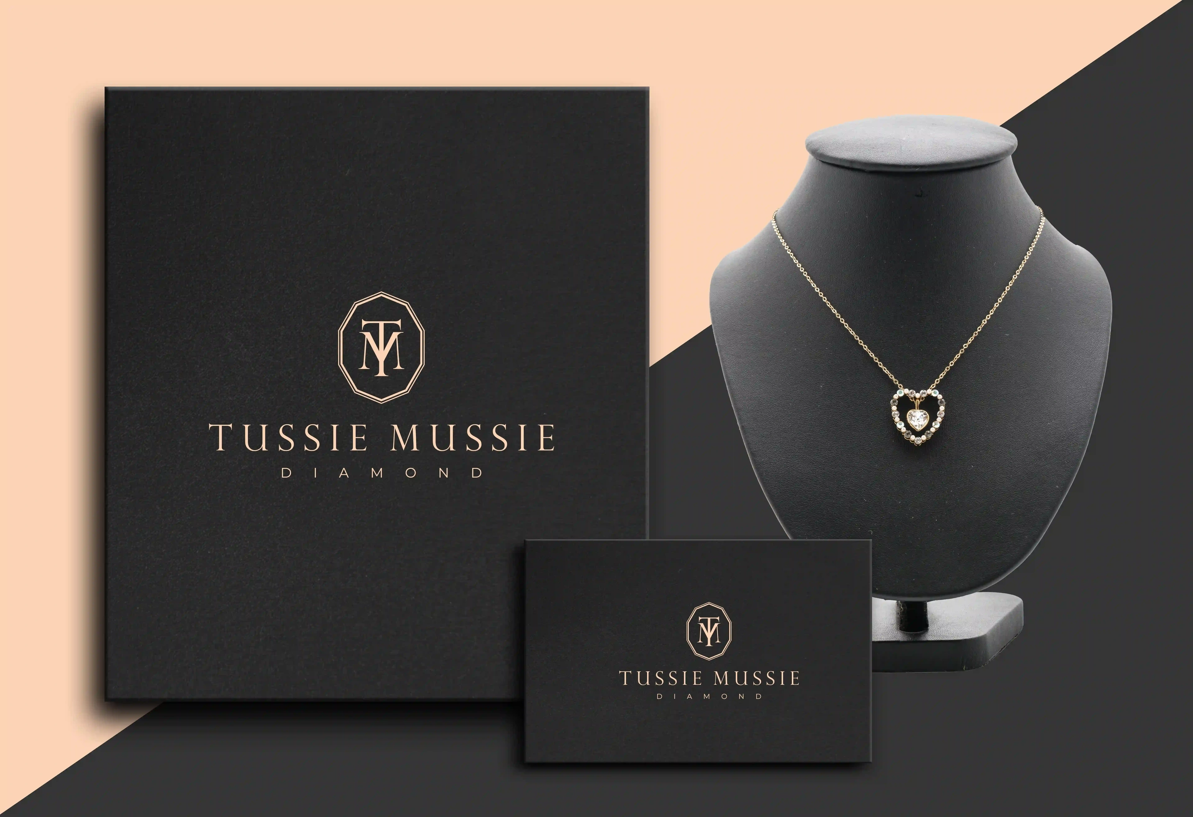 Tussie Mussie Diamond black notebook, card and a pendant necklace on a bust