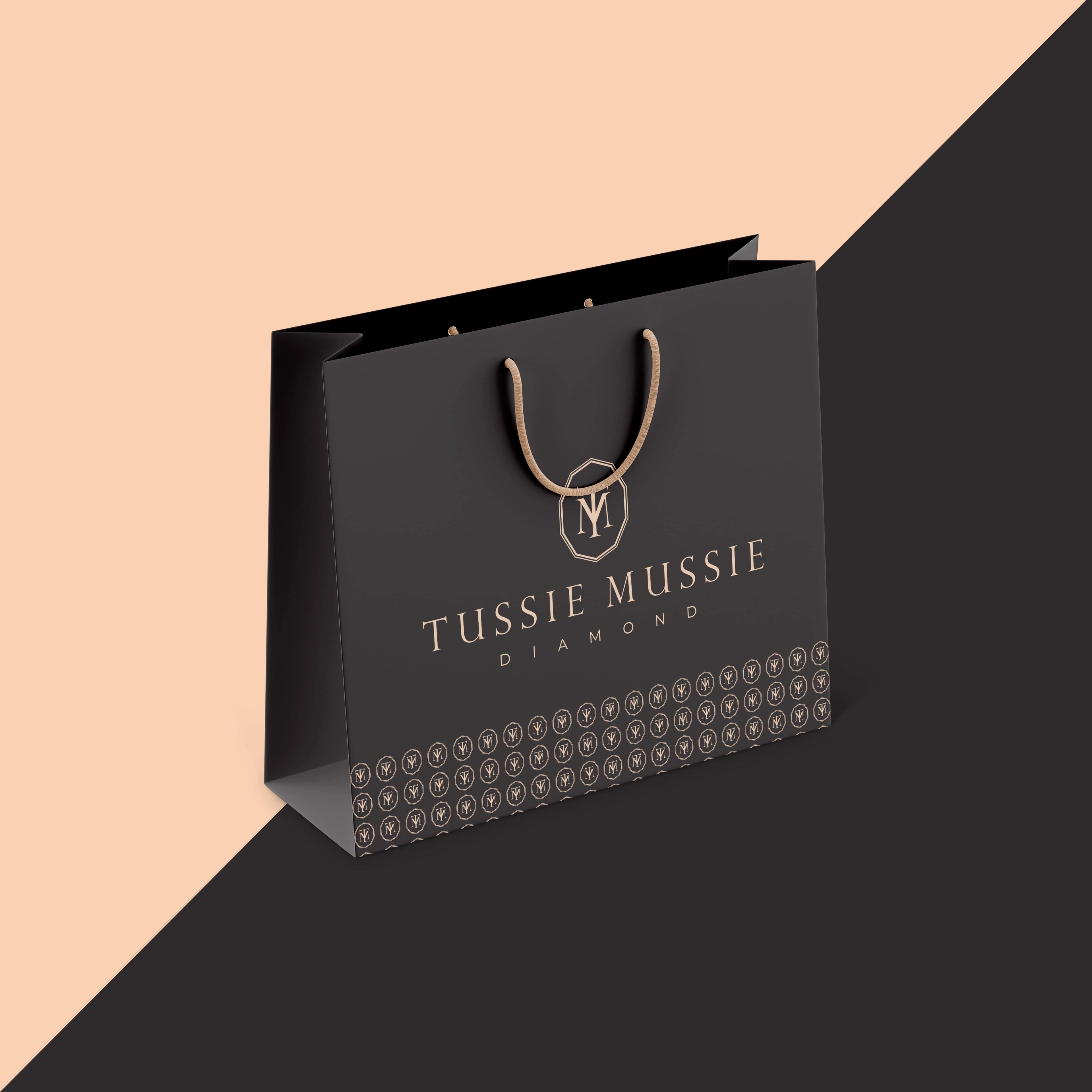 Tussie Mussie Diamond black shopping bag with a pattern band and rope handles