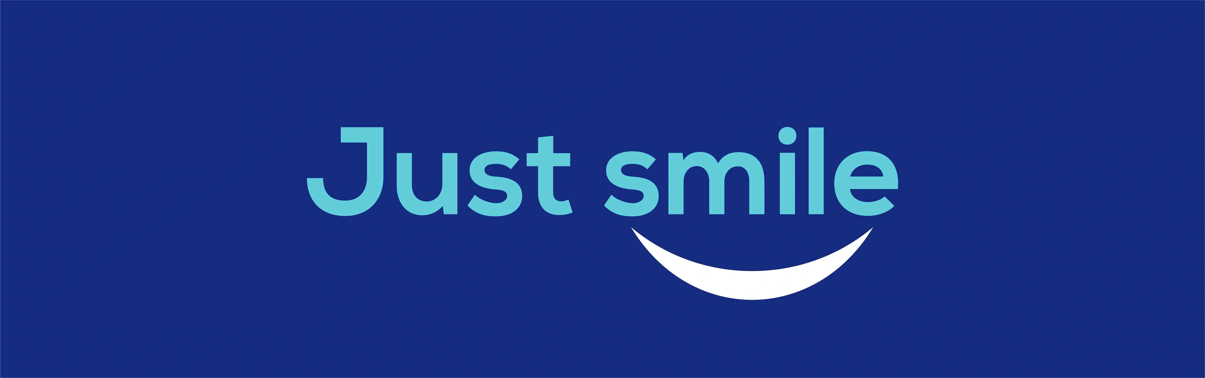 “Just smile” tagline with a curved smile on a navy background