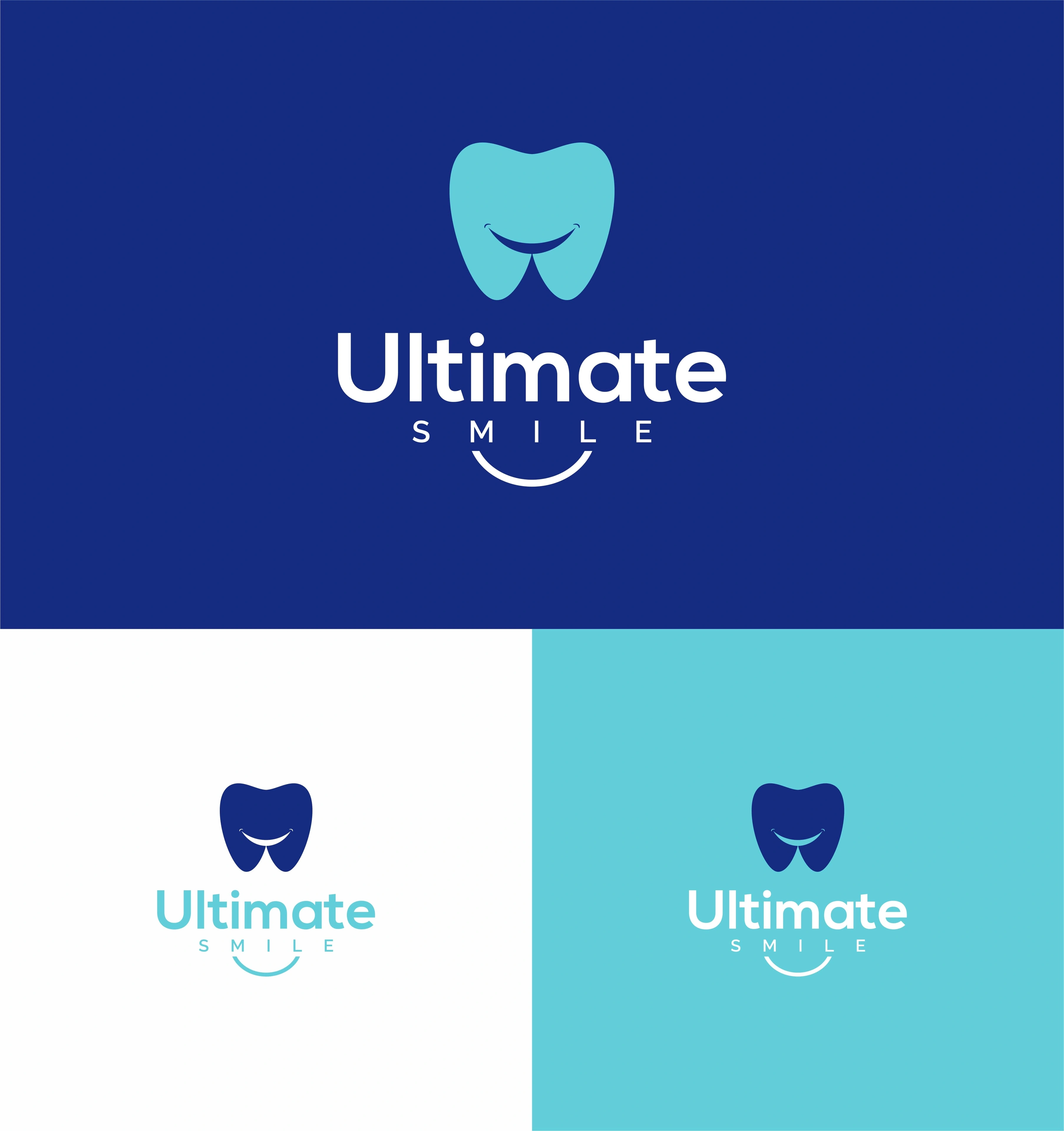 Ultimate Smile logo on navy, white and teal backgrounds