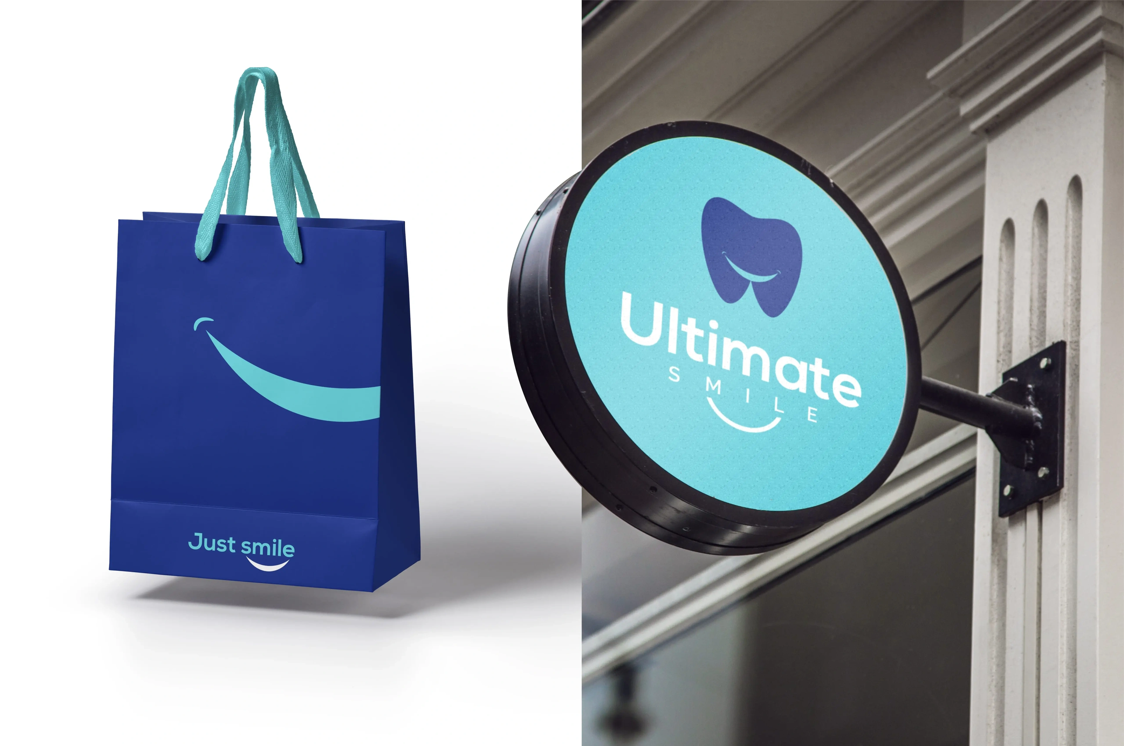Ultimate Smile shopping bag and a round illuminated clinic sign