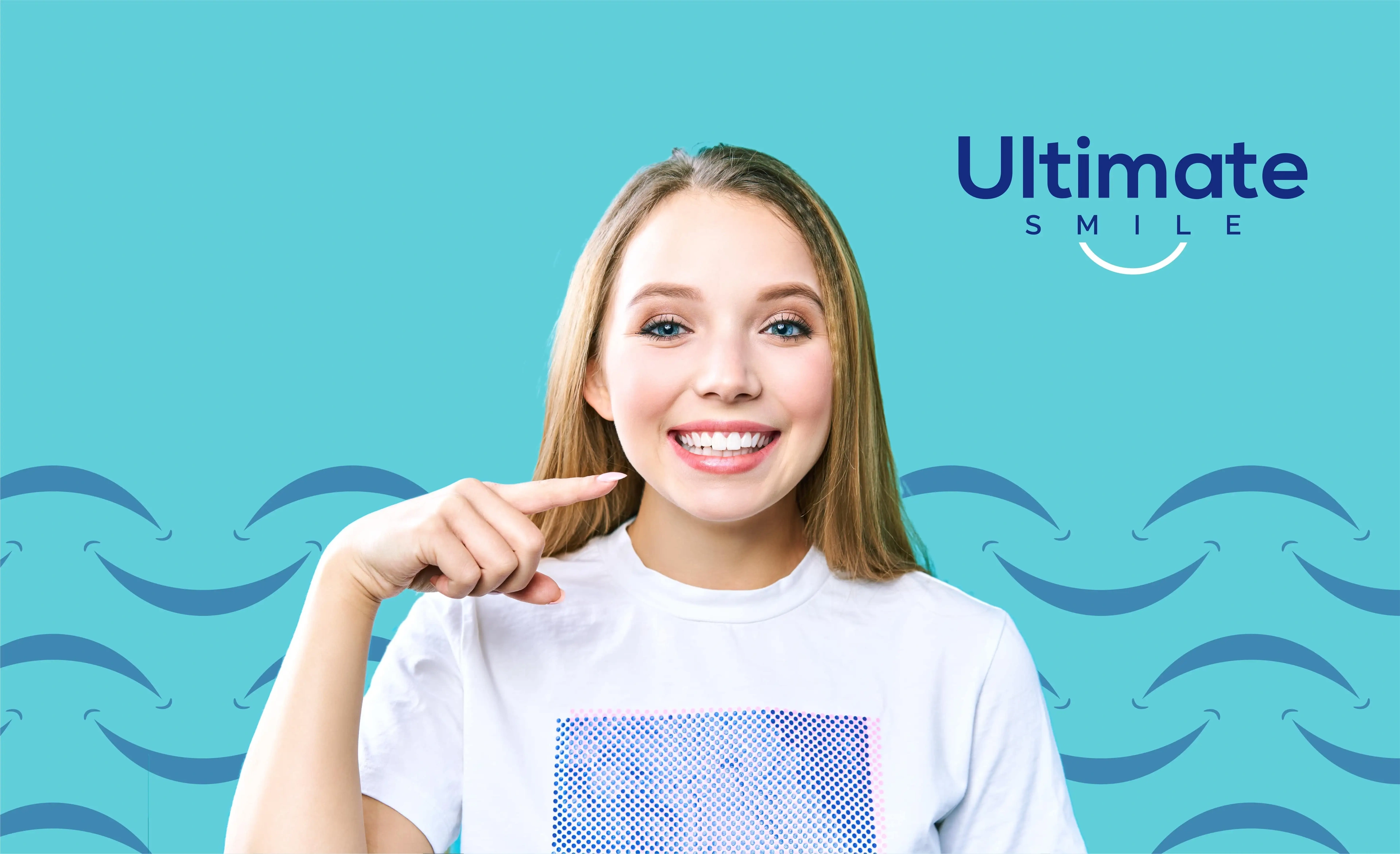 Smiling young woman beside the Ultimate Smile logo on a teal wave pattern