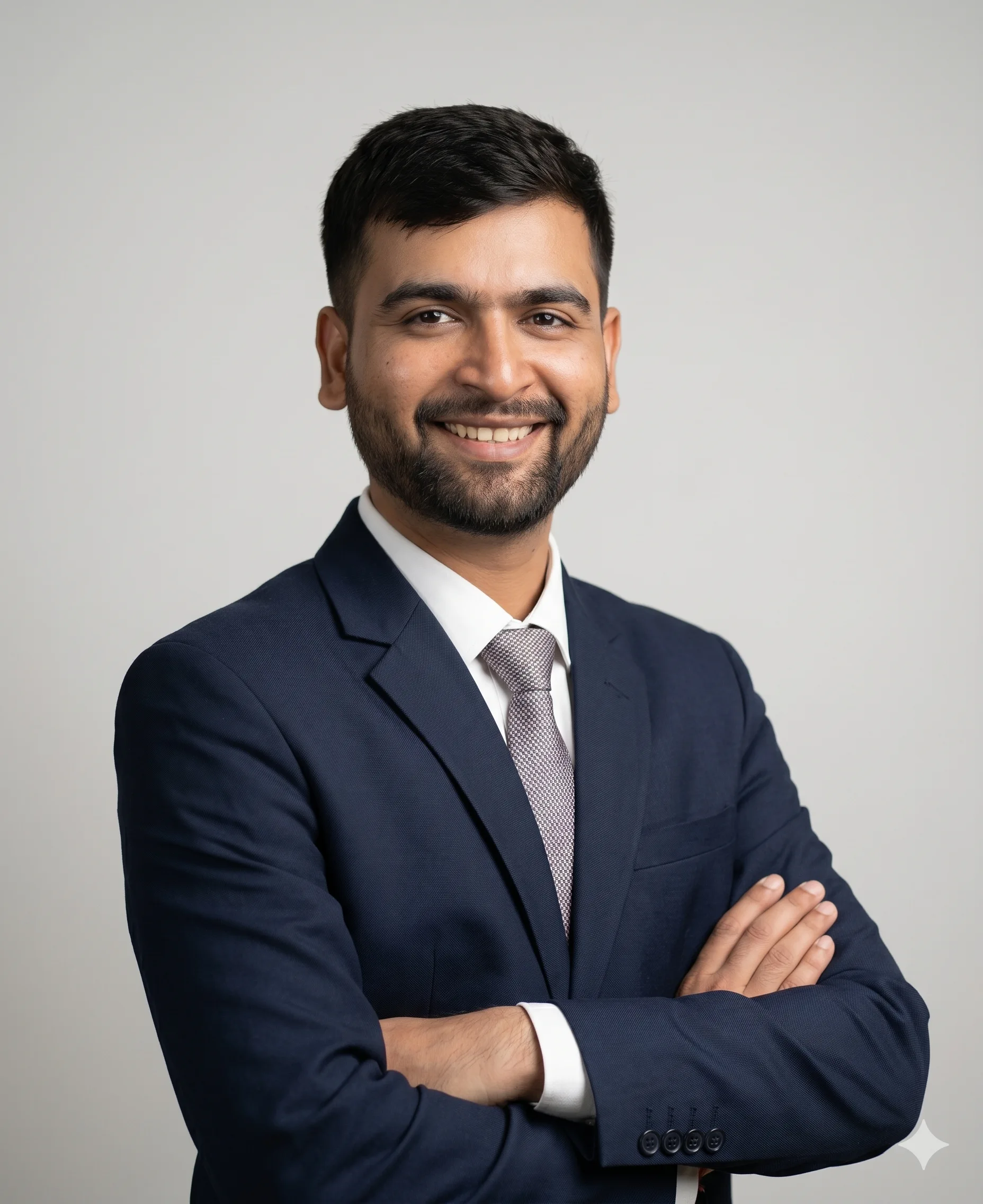 Tushar Shah, founder and creative director of Tushar Innovation, in a navy suit with arms crossed